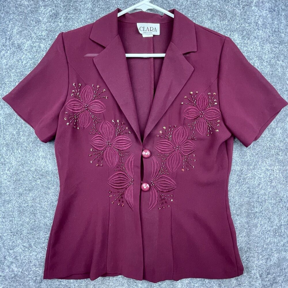Vintage Clara Shirt Womens Medium Wine‎ Blouse Sheer Beaded Embroidered Flowers